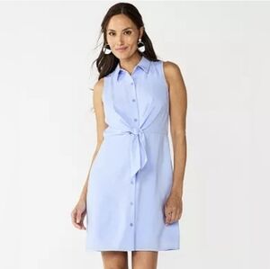 Nine West Blue Button Down Tie Waist Shirt Dress Womens Size Large